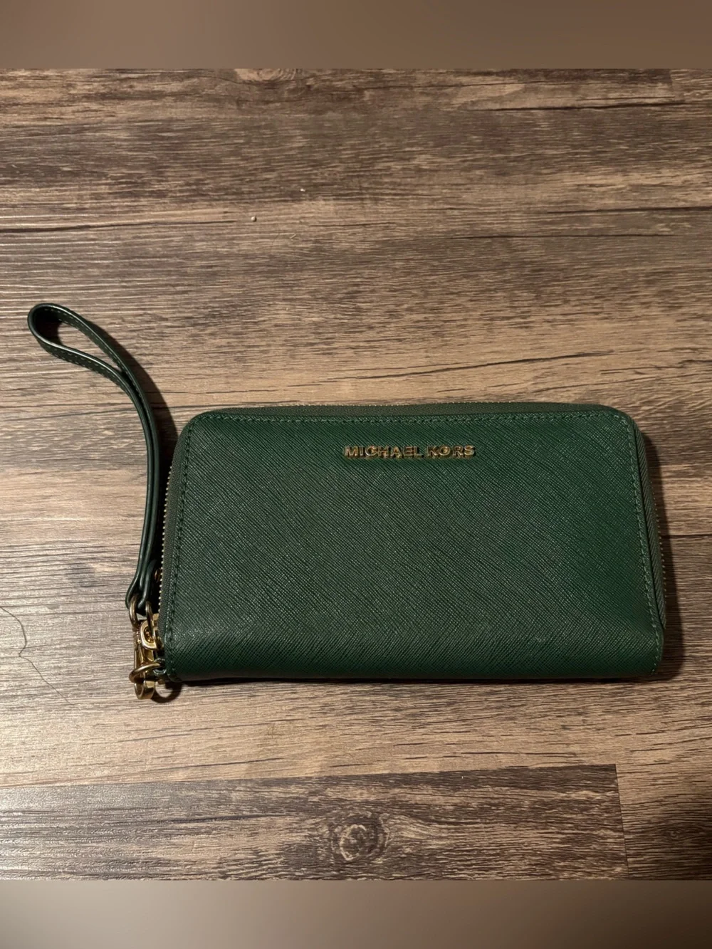 Michael Kors Dark Green Leather Wristlet with Gold Hardware